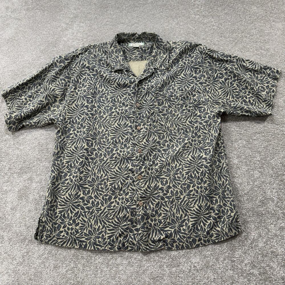 VTG Tommy Bahama XL Silk Shirt Blue Beige Leaf Print Camp Button Up Aloha Island